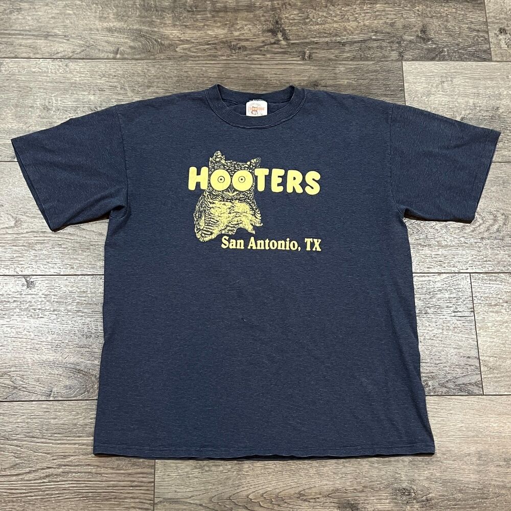 Vintage 90s Hooters San Antonio TX Owl Logo Blue Striped USA Made TShirt Mens XL